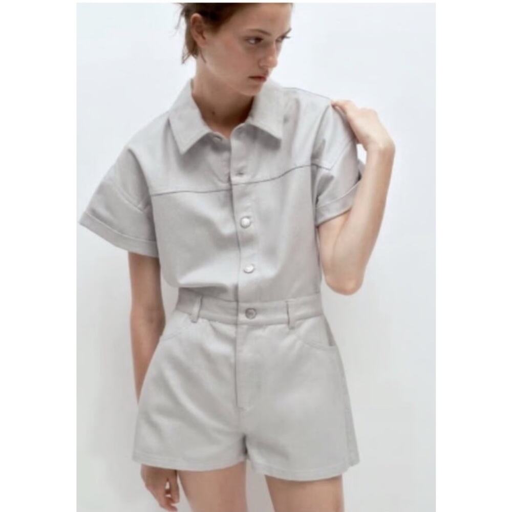 Zara Silver Denim Romper Utility Style Gorpcore Medium NWOT ef24